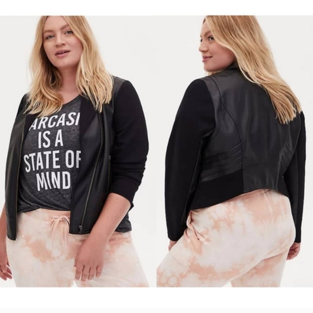 TORRID BLACK FAUX LEATHER & PONTE MOTO JACKET